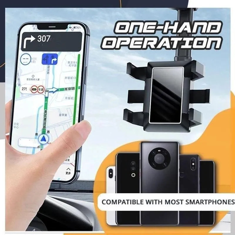 Black rearview mirror car phone holder with telescopic arm and rotating phone clamp.