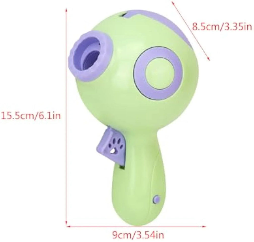 Green, orange, and pink interactive dog treat launcher toy with food dispenser.