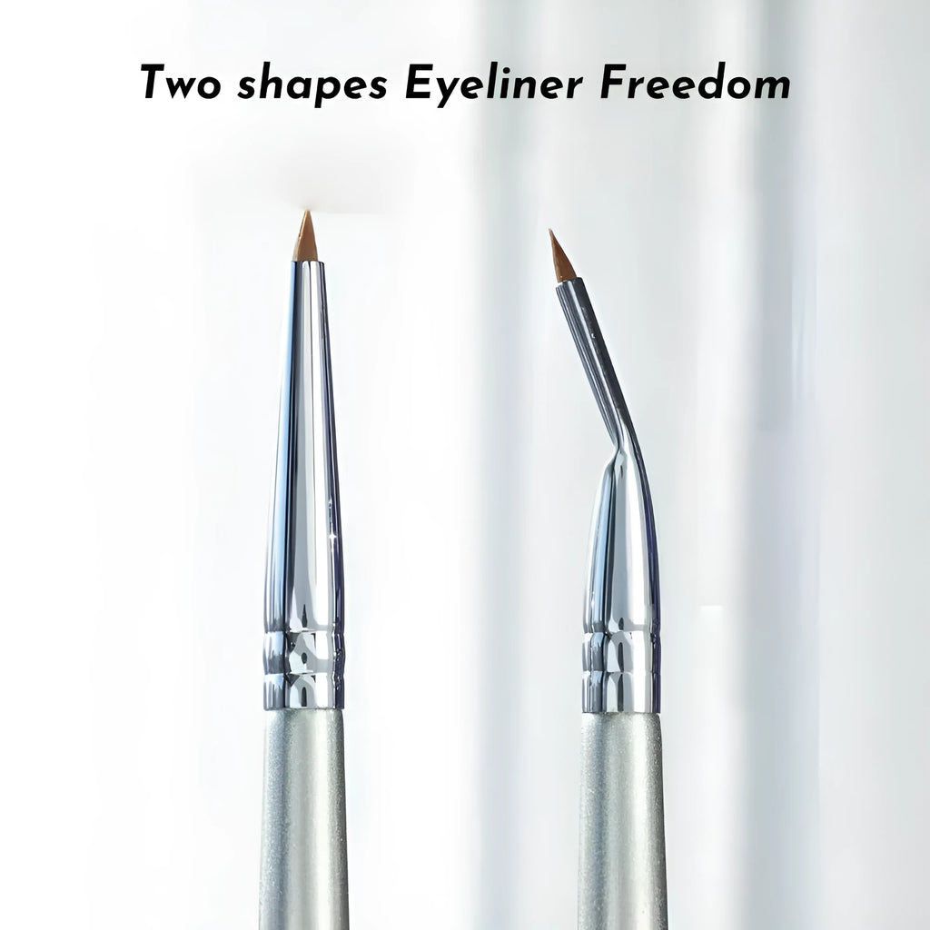 Black bent head eyeliner brush with wooden handle for detail eye makeup application.