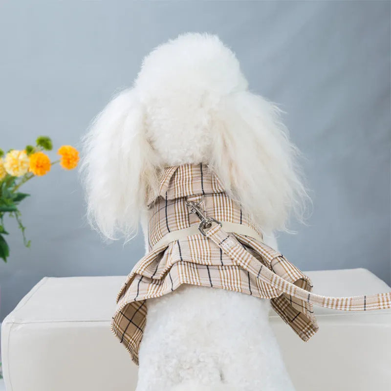 Polyester dog harness vest with chest strap and attached hand-holding rope in beige colour
