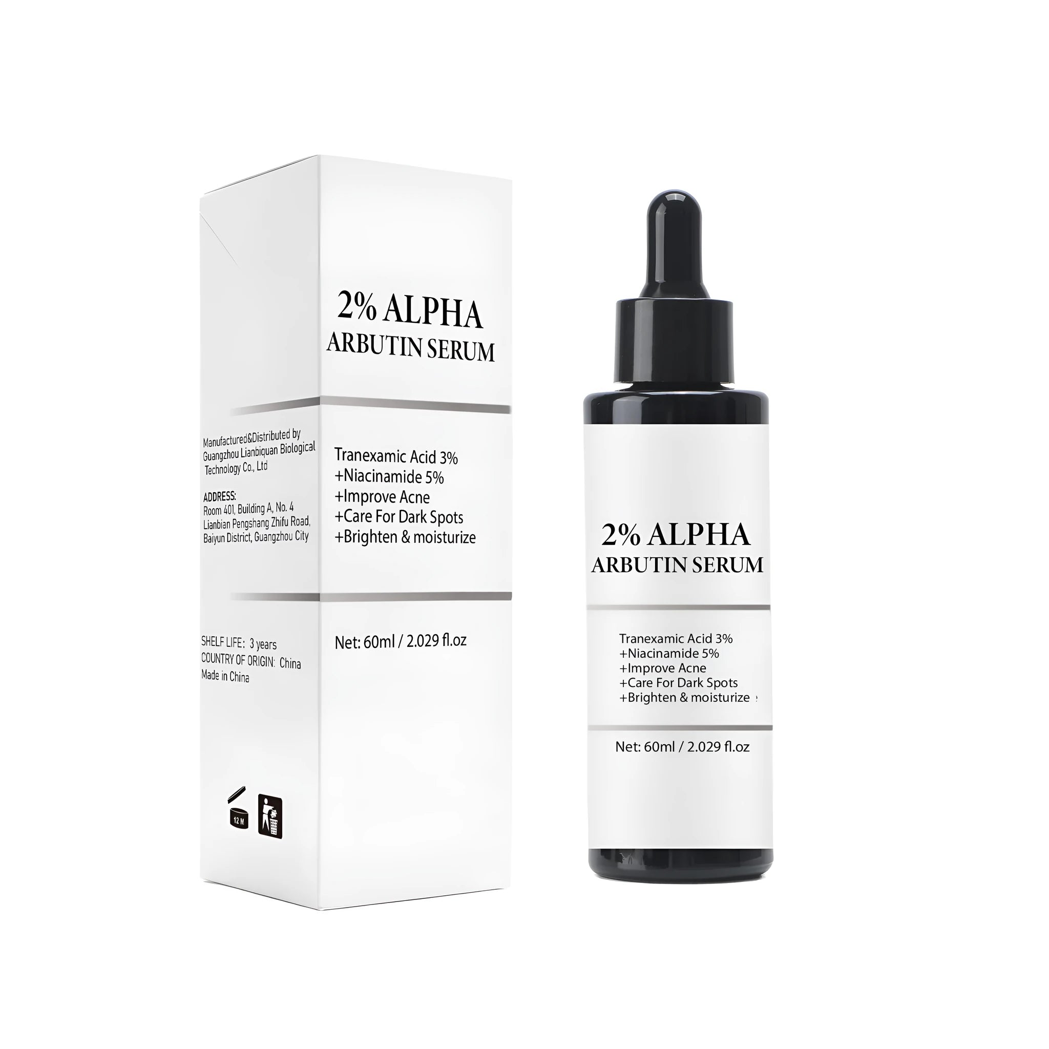 60ml bottle of alpha-arbutin facial care solution for moisturising and softening skin.