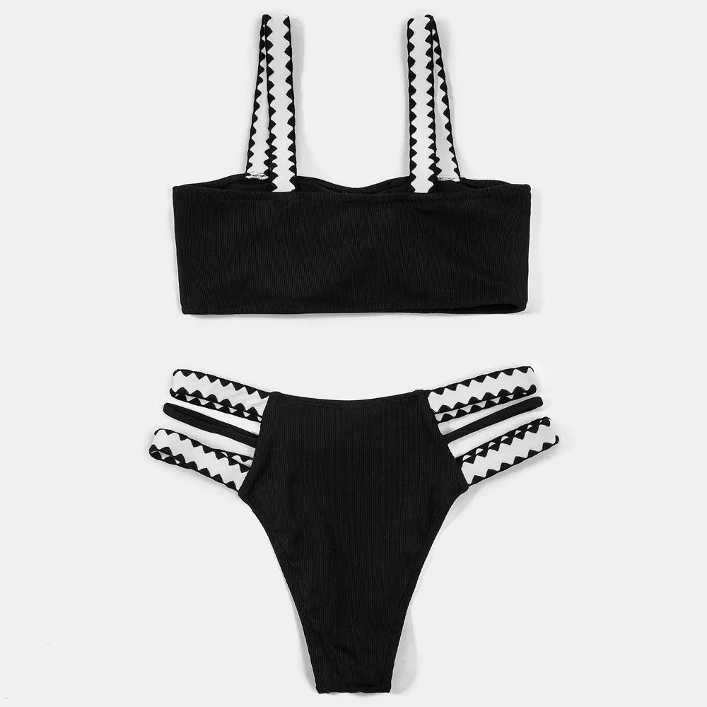 Black women's bikini swimsuit with a hollowed-out split design, showing front and back views.