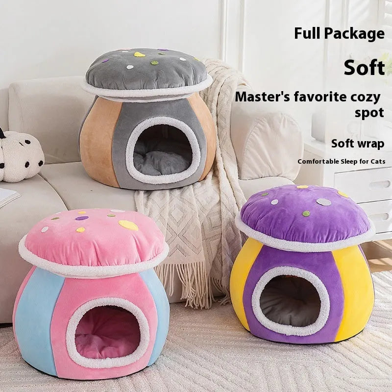 Mushroom-shaped plush cat nest with detachable rabbit blanket in grey pink purple colours