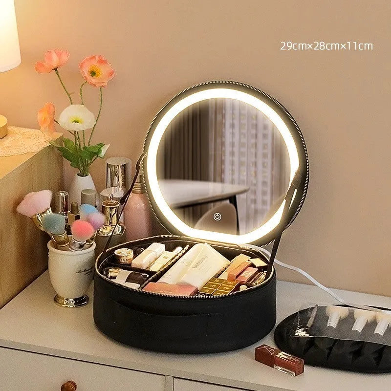 Round cherry blossom pink PU leather makeup bag with a lit LED mirror inside, showing internal partitions.