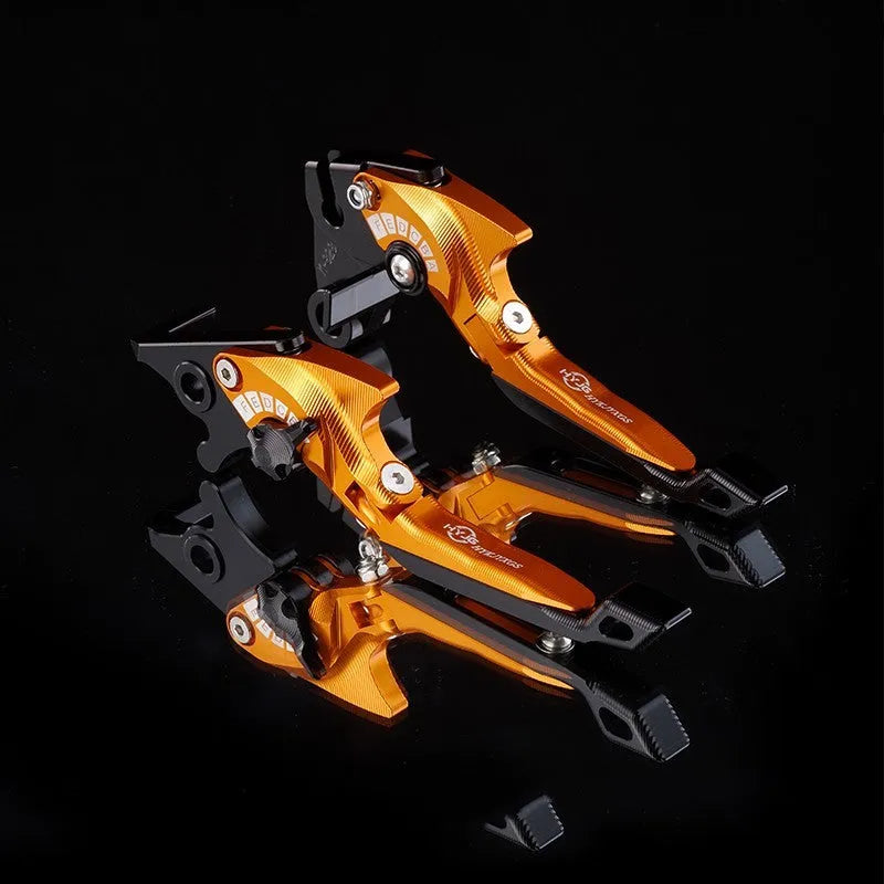 Pair of anodised aluminium motorcycle brake and clutch levers with six-speed adjustable length mechanism