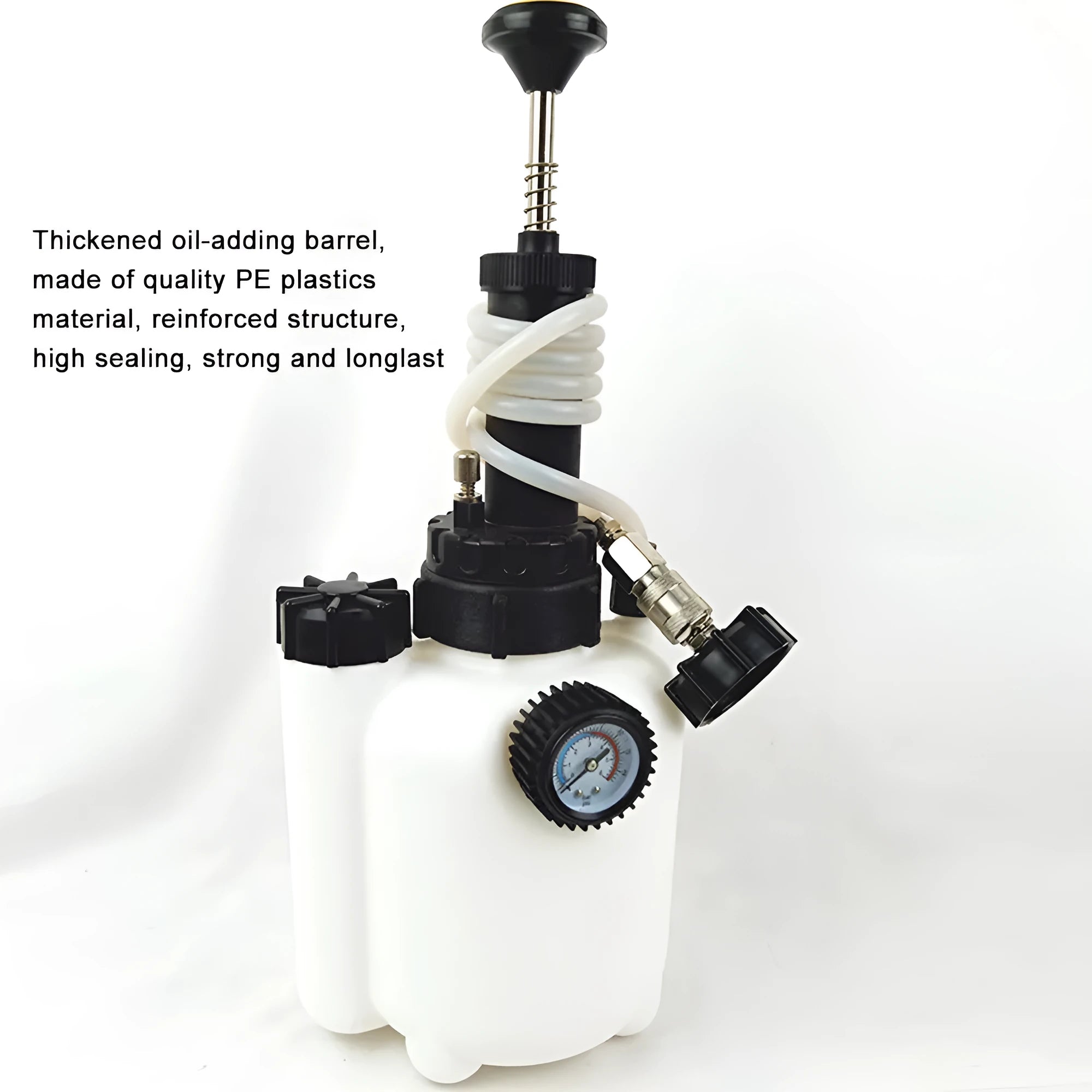 White 3-litre brake fluid tank replacement tool made of copper, iron, and plastic for car maintenance.