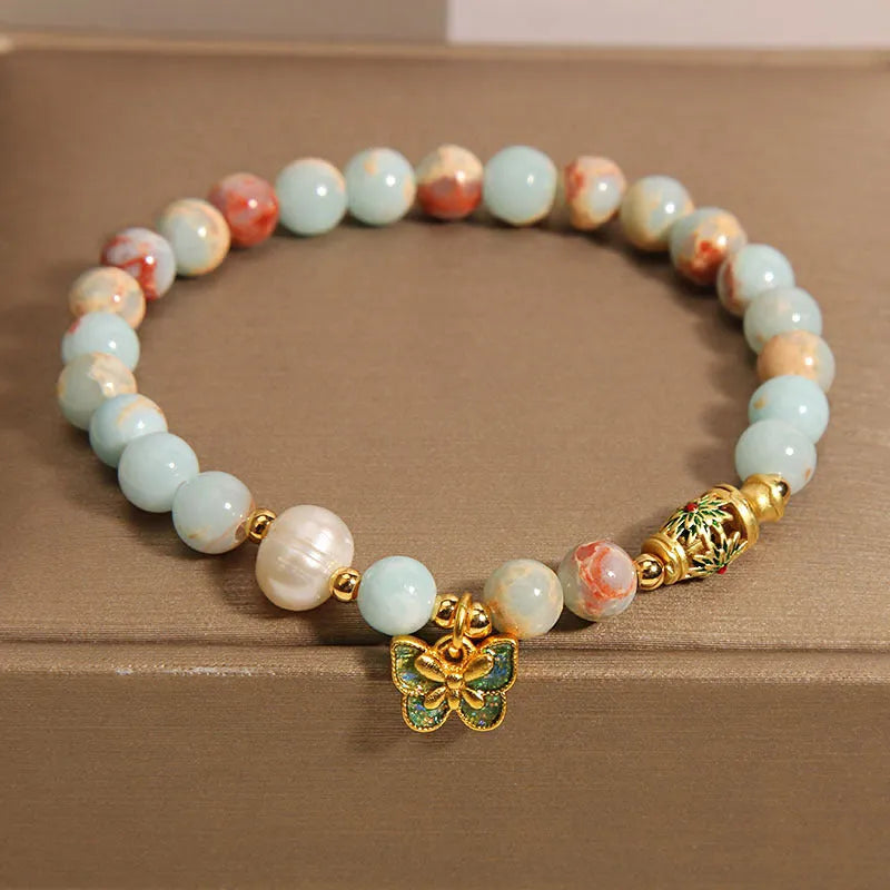 Blue butterfly pendant bracelet with Shoushan stone and freshwater pearl for women