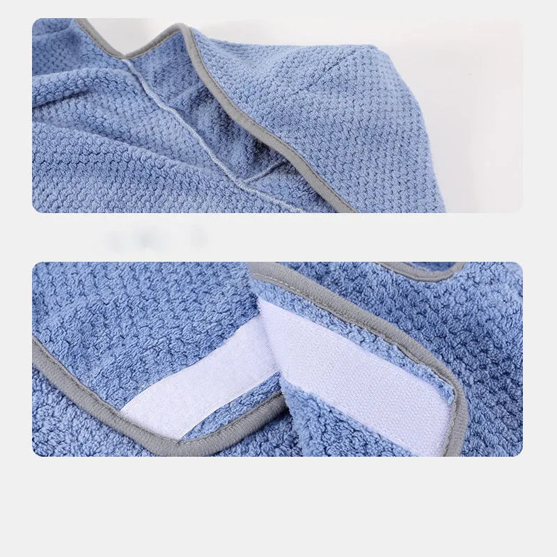 Blue adjustable dog bath robe towel wrapped around medium-sized dog