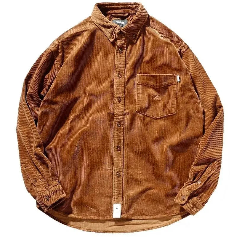 Loose fit caramel corduroy shirt with long sleeves in a Japanese Hong Kong cardigan style.