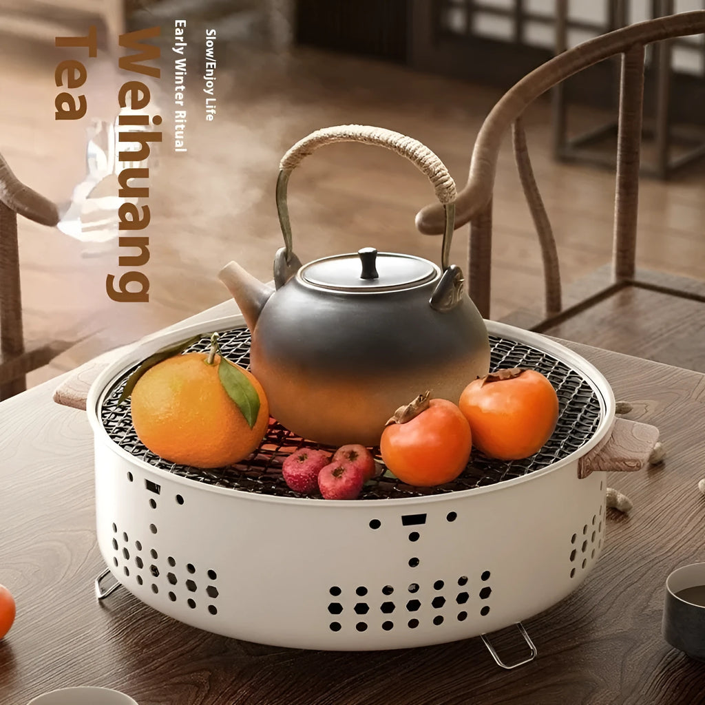 Portable indoor charcoal stove with grill rack disk for baking and tea cooking