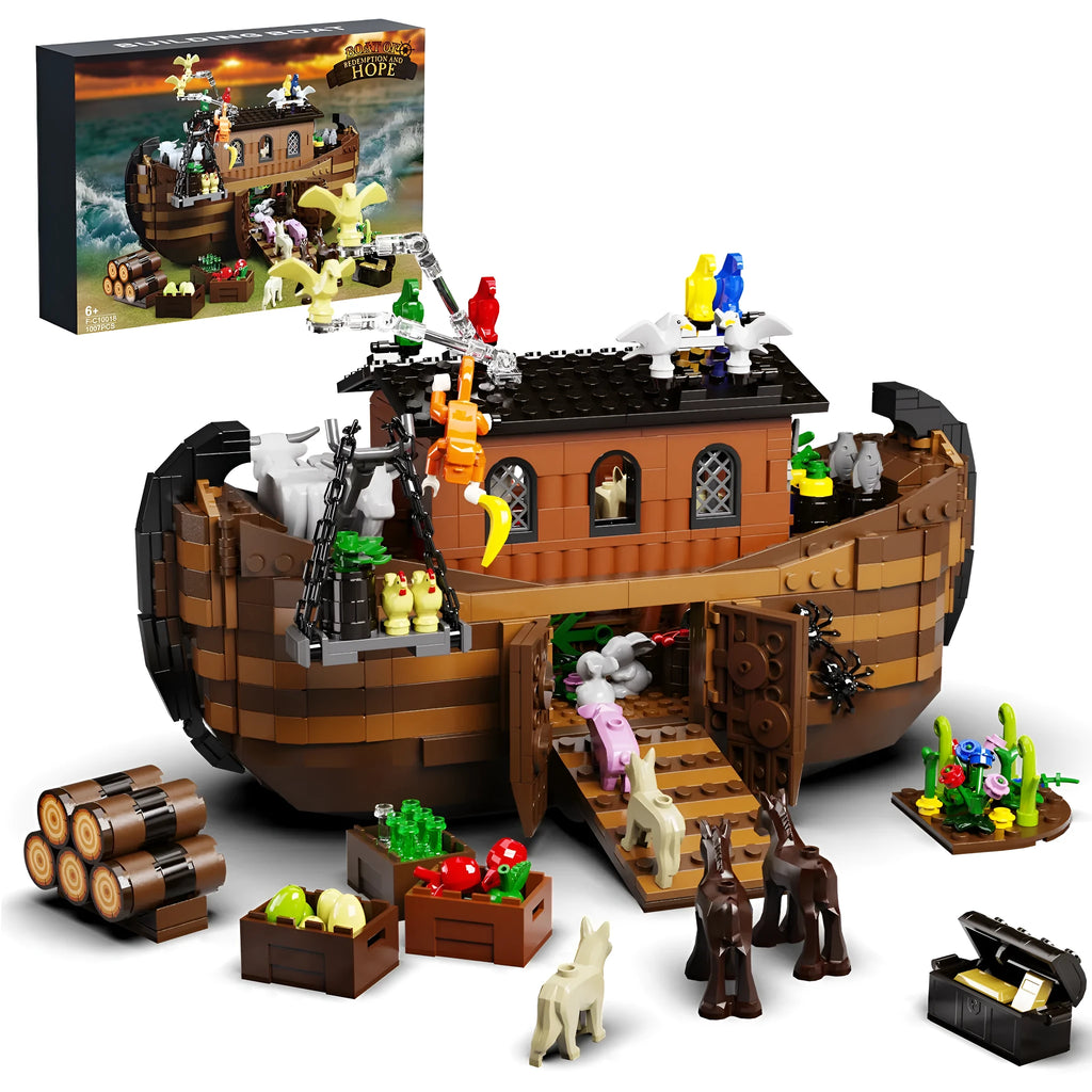 Brown plastic construction ship building block set assembled on a white surface, with blocks showing realistic ship details.