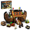 Brown plastic construction ship building block set assembled on a white surface, with blocks showing realistic ship details.
