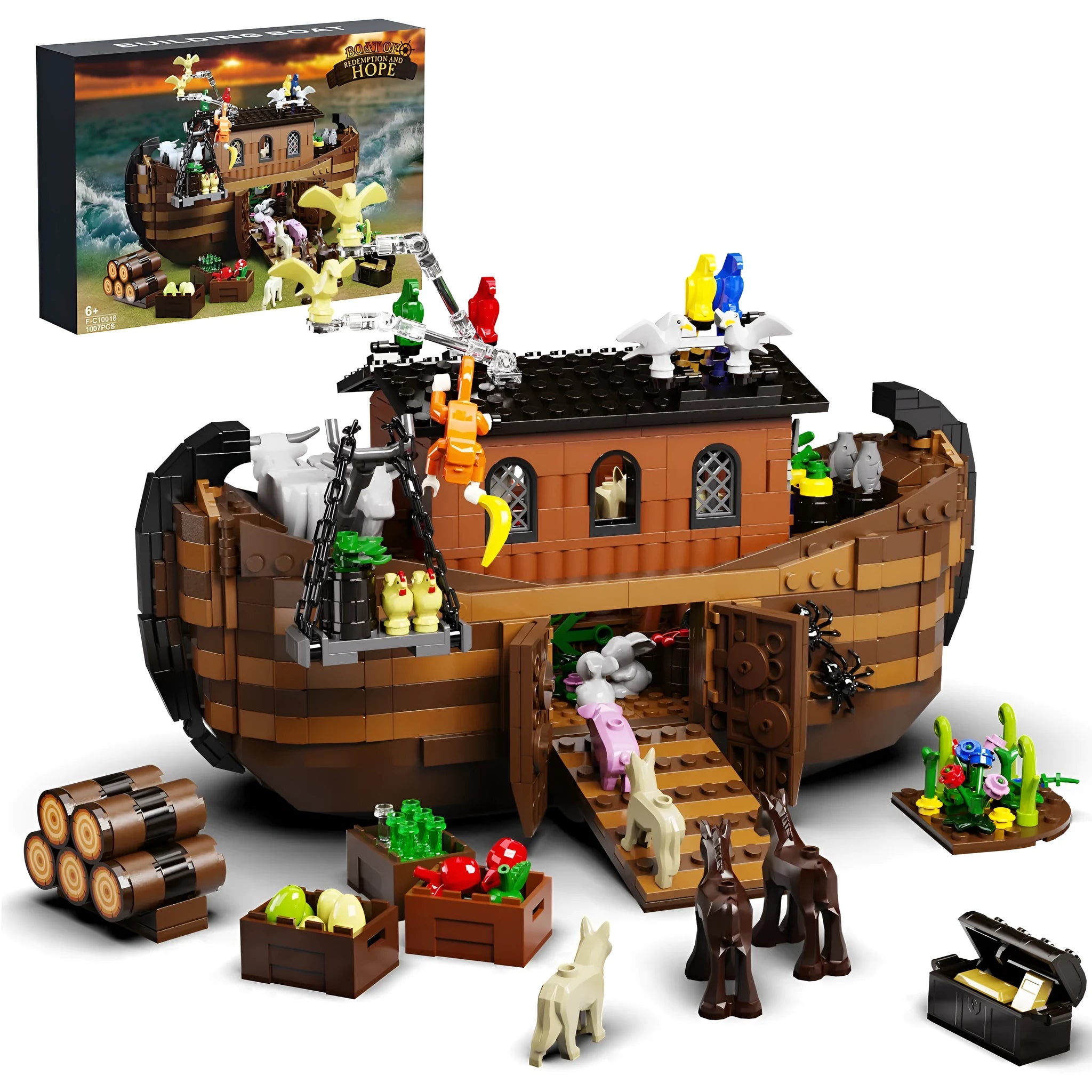 Brown plastic construction ship building block set assembled on a white surface, with blocks showing realistic ship details.
