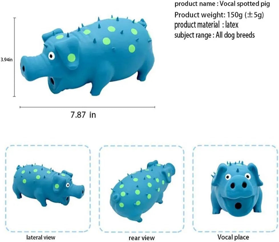 Pig-shaped latex dog chew toy in assorted colours with textured surface for teeth cleaning