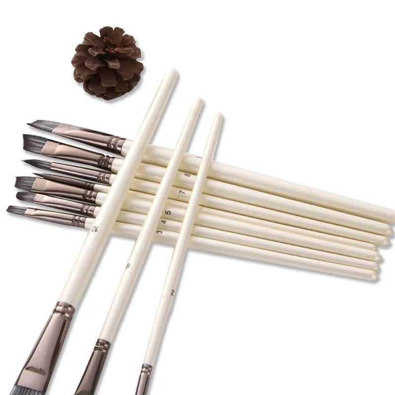 Set of 10 pearlescent white nylon watercolour brushes with wooden handles in PVC bag