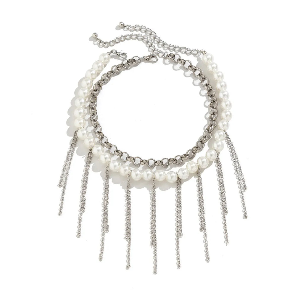 Women's double-layer retro necklace with white K electroplated finish, iron pendant, and imitation pearl tassel design