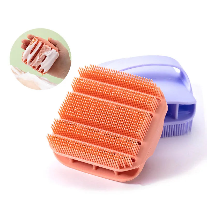 Blue silicone scalp massager shampoo brush with ergonomic handle and long bristles.
