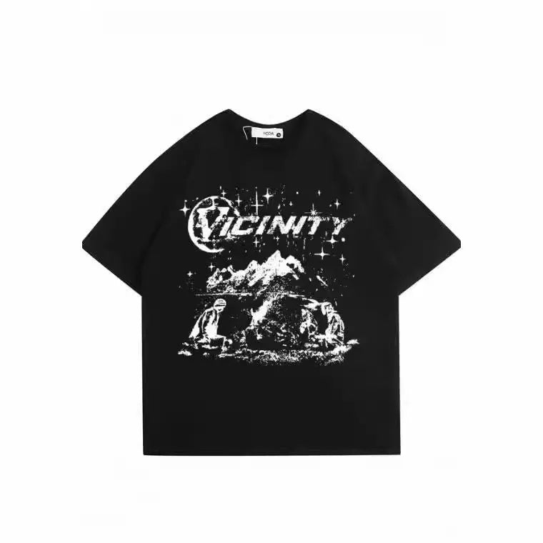 Men's black and white hip hop print on a polyester short sleeve t-shirt.
