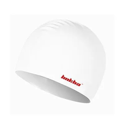 Silicone swimming cap with a coloured earmuff and letter pattern design.