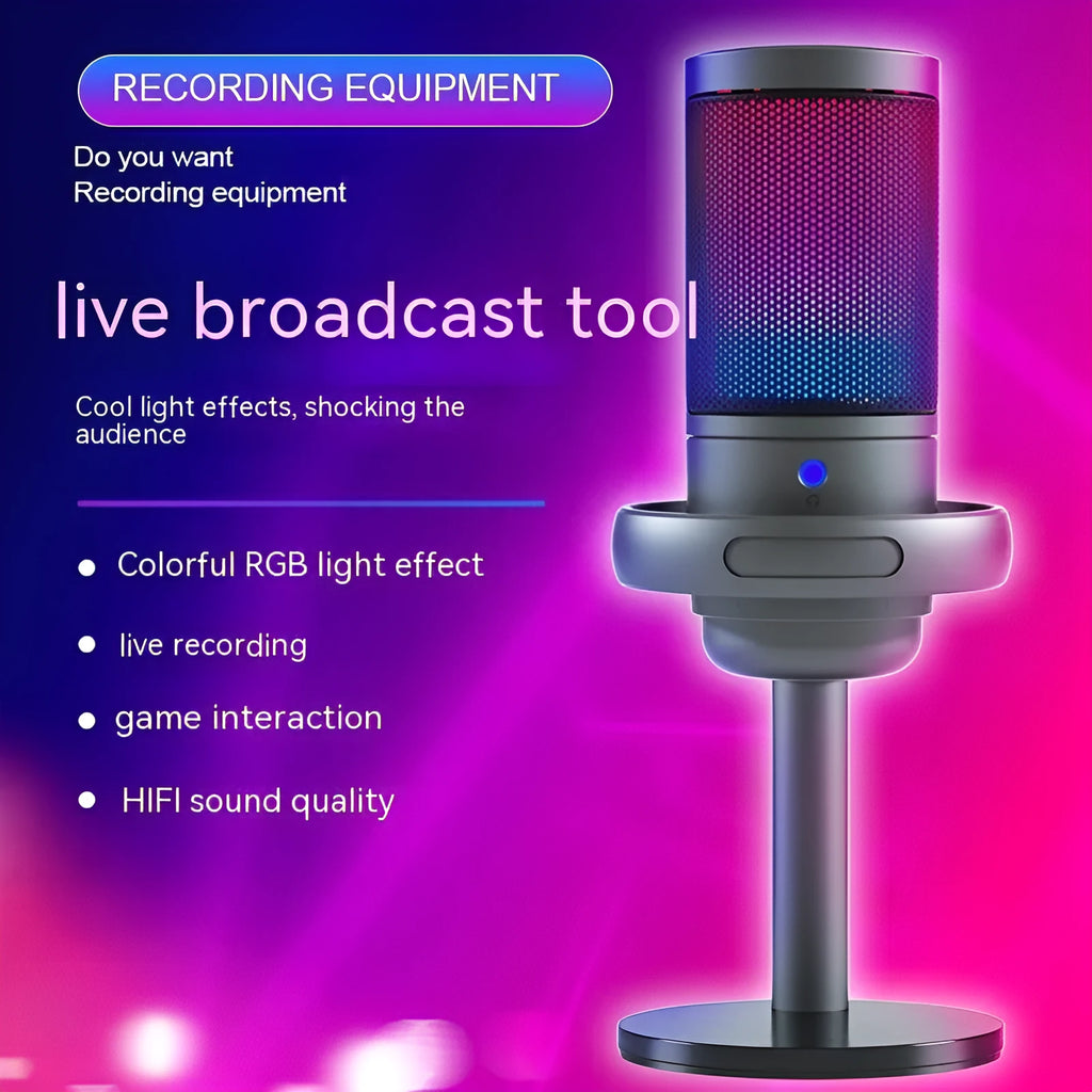 USB condenser microphone with RGB lighting in black, white, or pink colours for computer recording