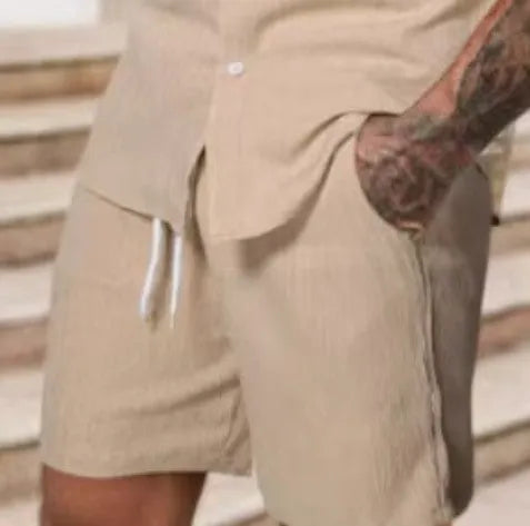 Men's striped casual suit set with short sleeve shirt and matching shorts in colour YT50313P1
