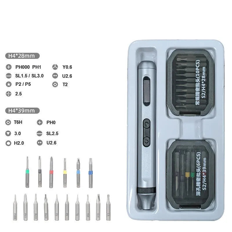 Compact aluminium electric screwdriver showing length and lightweight design for precision assembly work