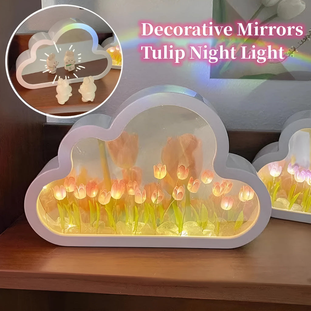 Tulip-shaped night lamp with LED lighting and mirror surface in pink, purple or blue colour options