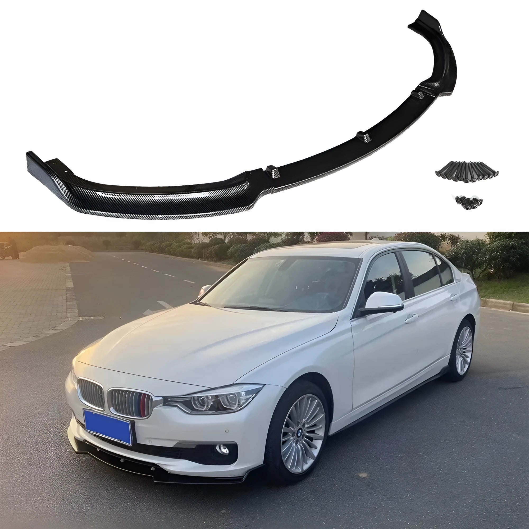 Bright black polypropylene front bumper lip spoiler for BMW F30 F35 3 Series.