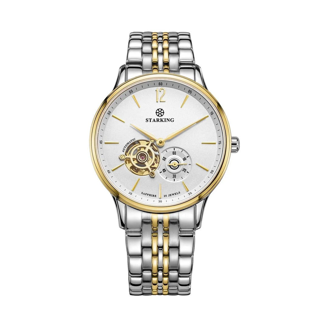 Automatic mechanical men's business watch with brown leather strap and stainless steel case