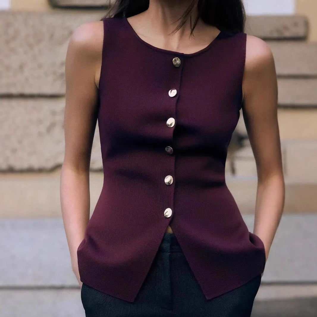 Dark red slim-fit sleeveless vest with gold buttons and textured 3D pattern fabric.