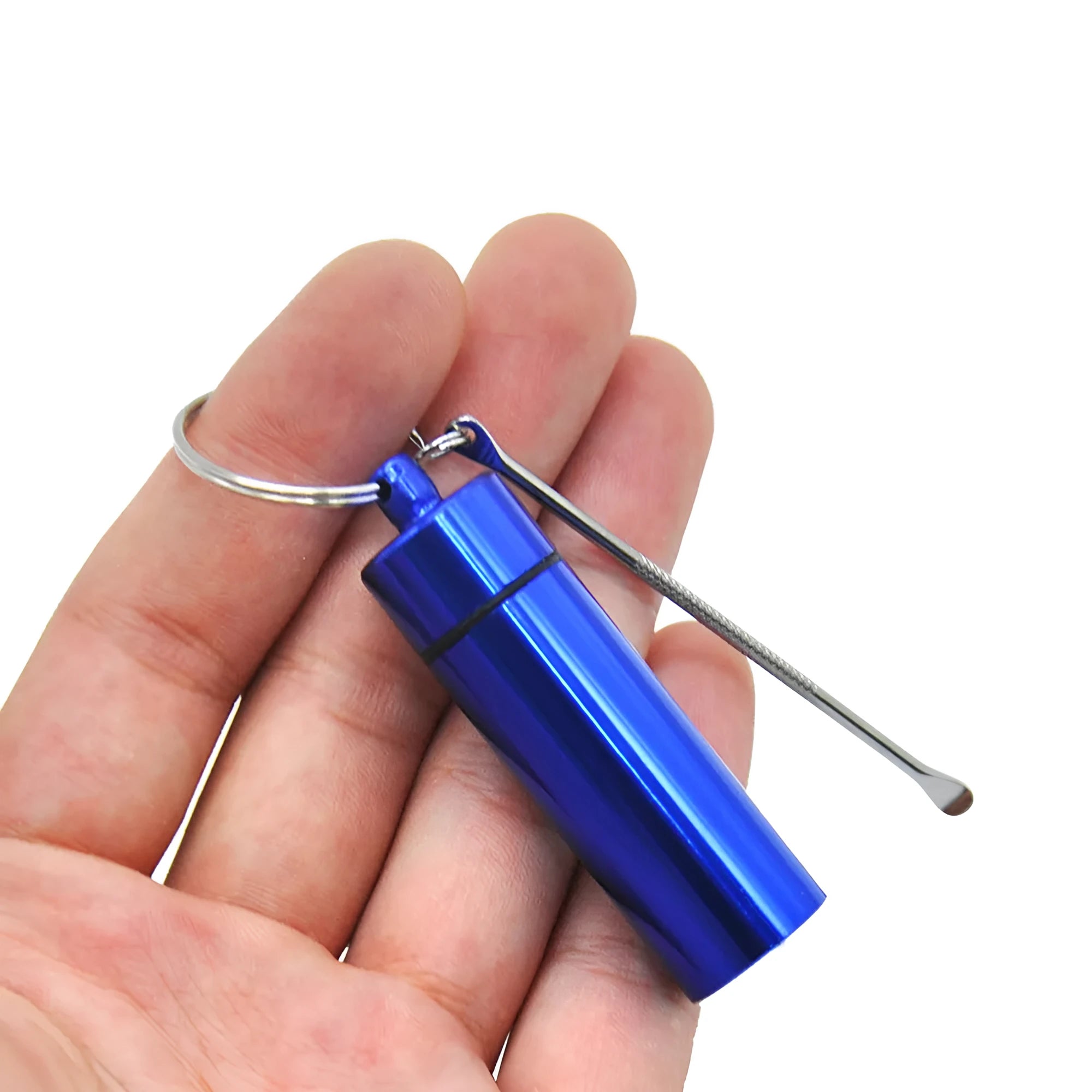 Aluminium portable pill storage bottle with keychain and small spoon in multiple colour options.