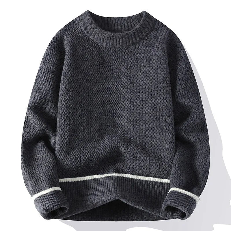 A grey men's loose-fit round neck long sleeve pullover sweater on a hanger.