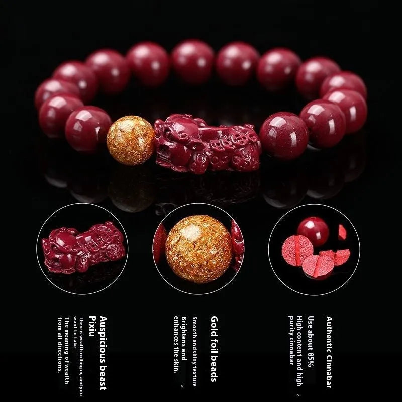 Purple gold sandstone cinnabar bracelet with totem elements on a wrist.