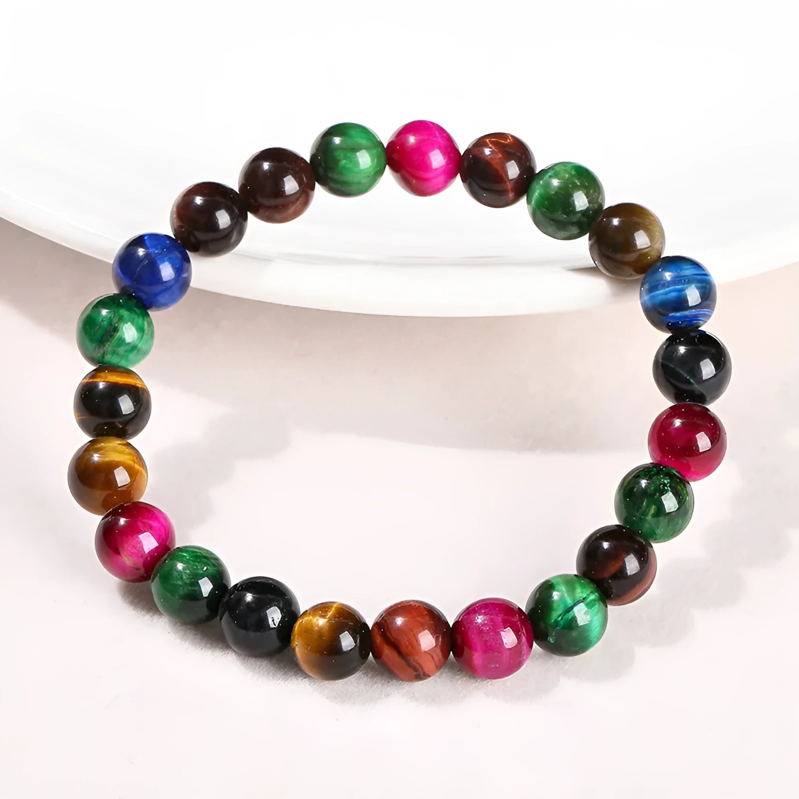 Colourful Tiger Eye stone bracelet with round beads in mixed string design