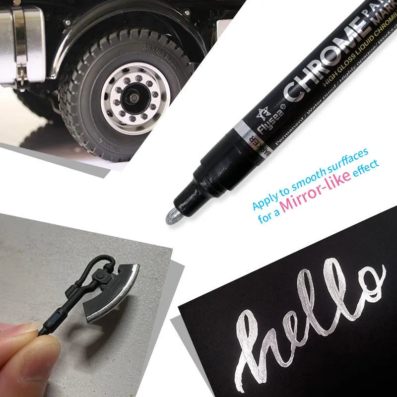 Flysea 3.0mm chrome metal marker pen with reflective paint for writing on multiple surfaces.
