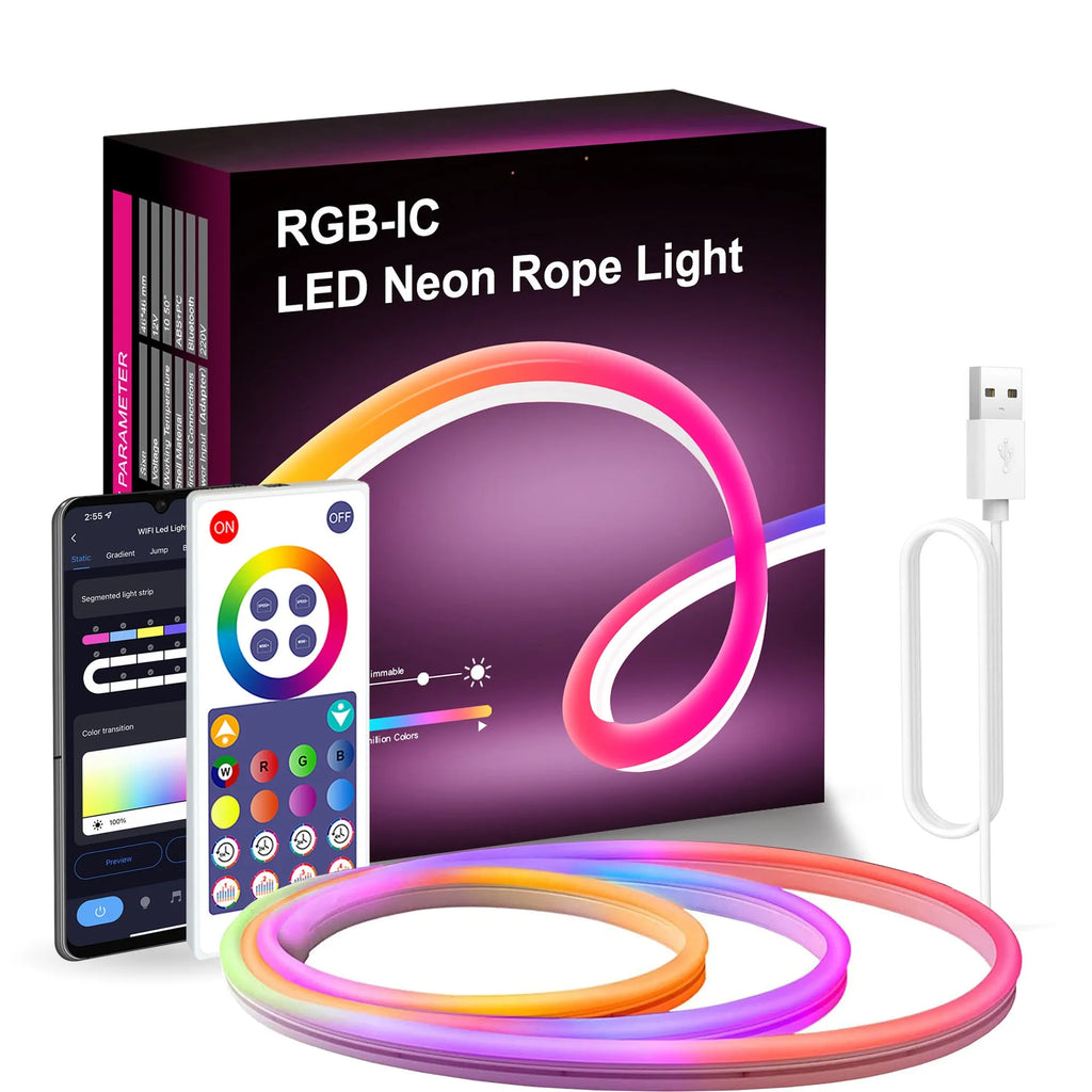 3-metre long flexible RGB LED neon light strip with remote control, showing colour-changing effects.