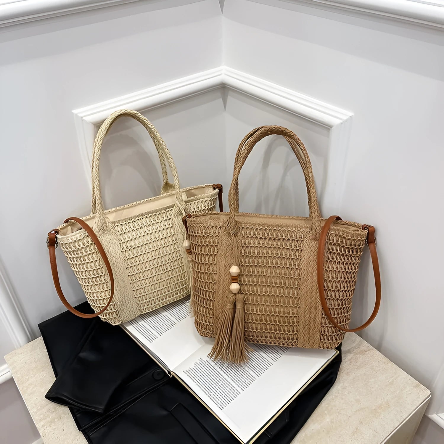 Women's woven straw crossbody bag in milky white with polyester lining and shoulder strap
