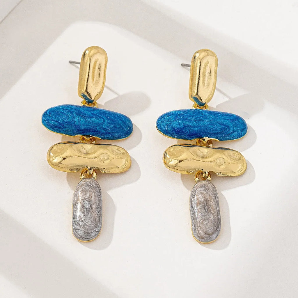 Geometric zinc alloy stud earrings with electroplated multicolour finish and butterfly fastenings