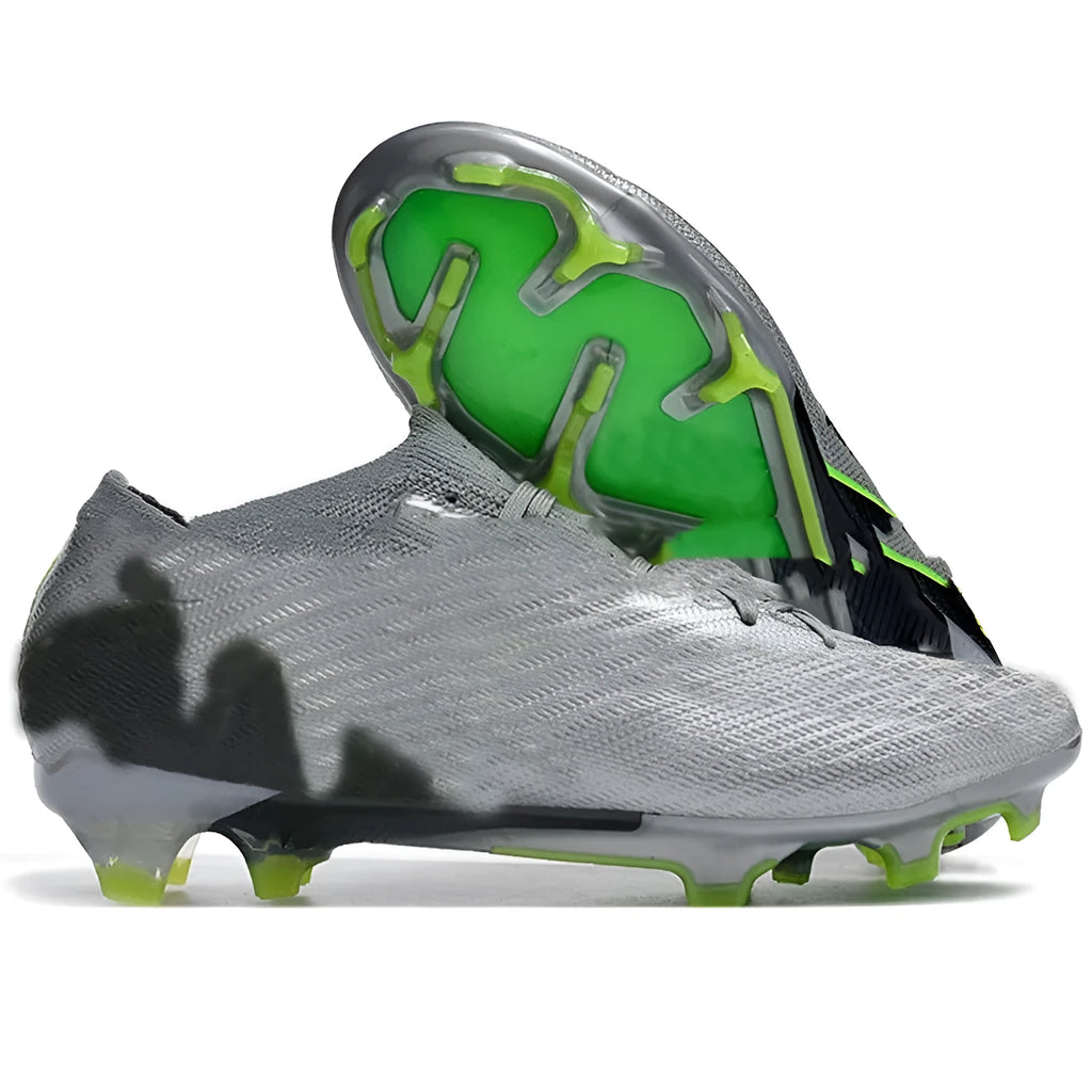 Men's black football boots with knit upper, lace-up front, and rubber FG studded sole.