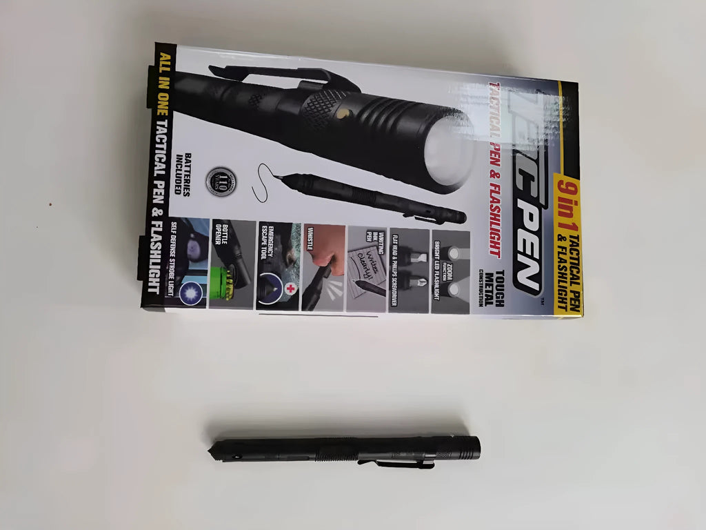 Nine-in-one multi-function flashlight survival pen in black with dual light sources and car window breaker
