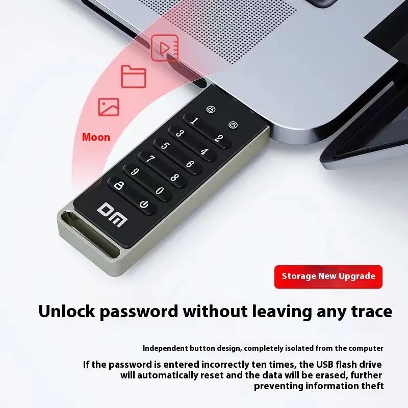 64GB metal USB 3.0 flash drive with fingerprint sensor and digital button encryption