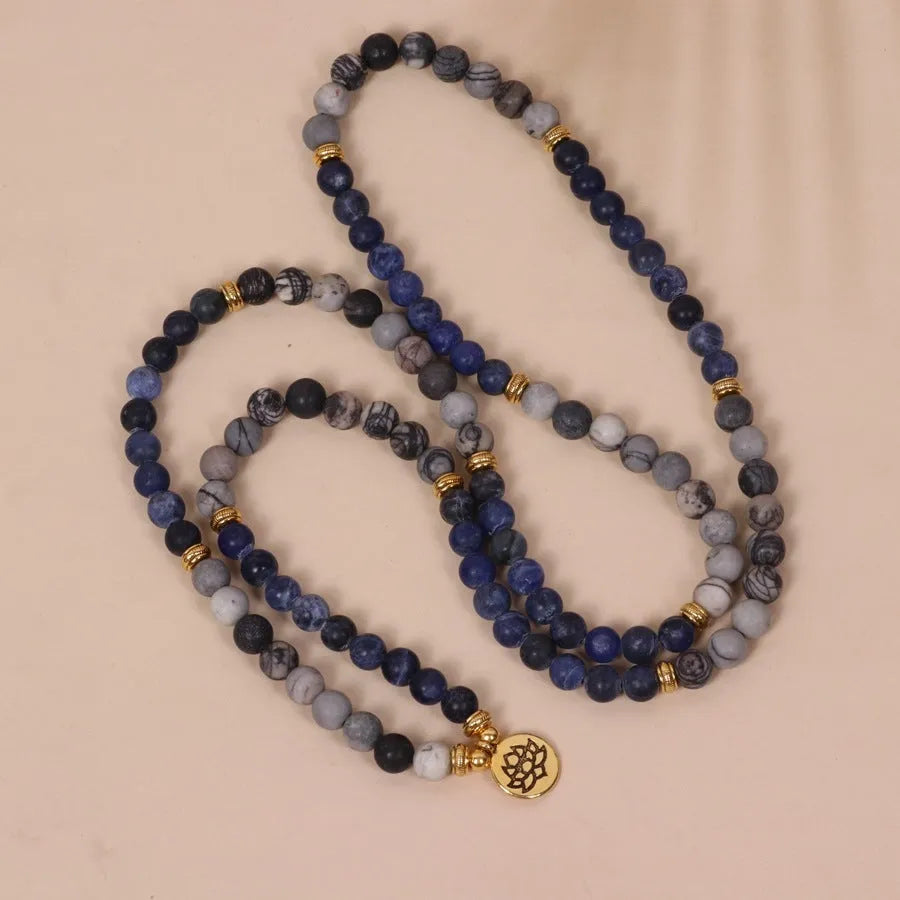 Blue patterned network stone bead multi layer bracelet with alloy metal components
