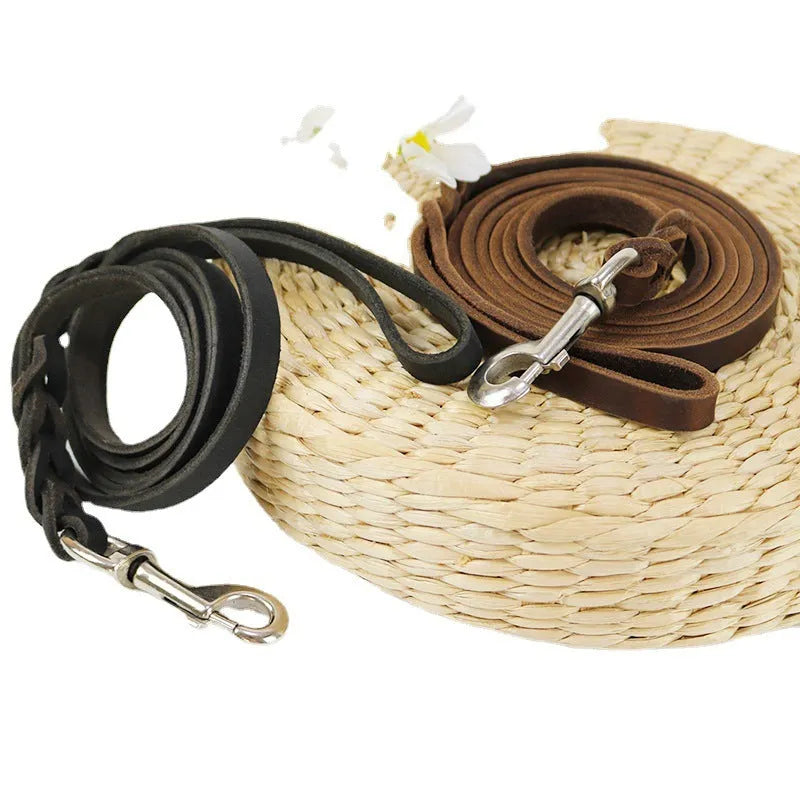 Cow leather dog walking rope in light brown or black colour for medium large breed dogs
