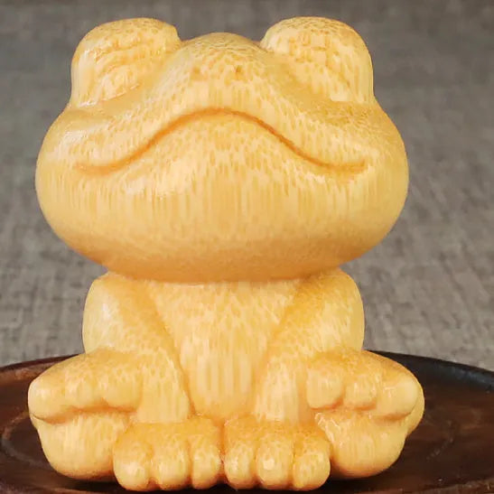 Smiling frog solid bamboo carving ornament with cartoon design, 5cm height
