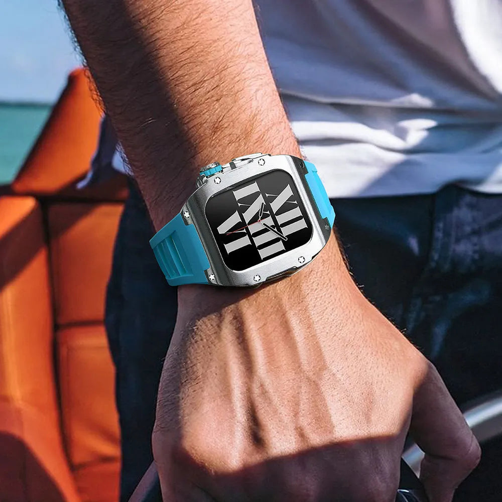Stainless steel protective case strap with black fluororubber band and rose gold frame for Apple Watch 44mm
