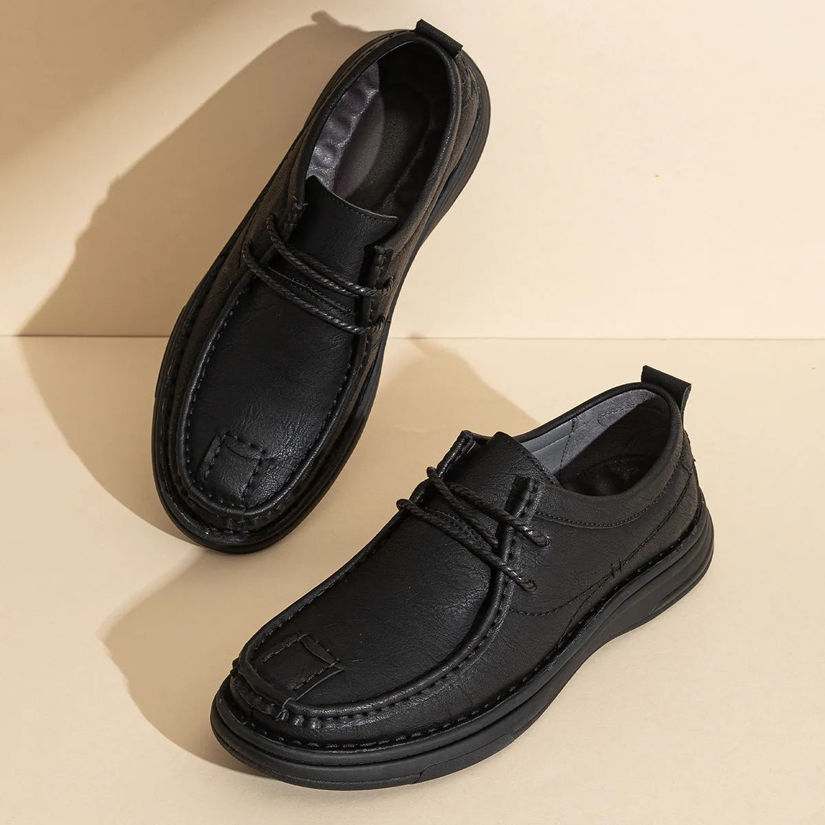 Business casual PU leather loafers for men, brown lace-up style with rubber sole and stitching detail