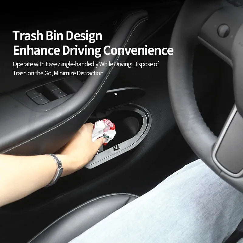 Two black ABS plastic car door storage bins for Tesla Model Y front seats.