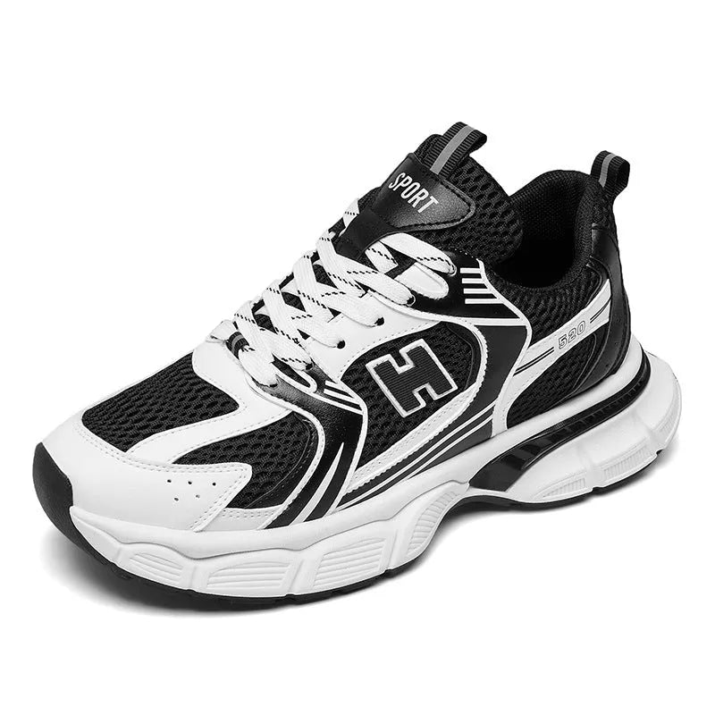 Men's mesh running shoes in black, white and grey, and white orange colours with plastic soles