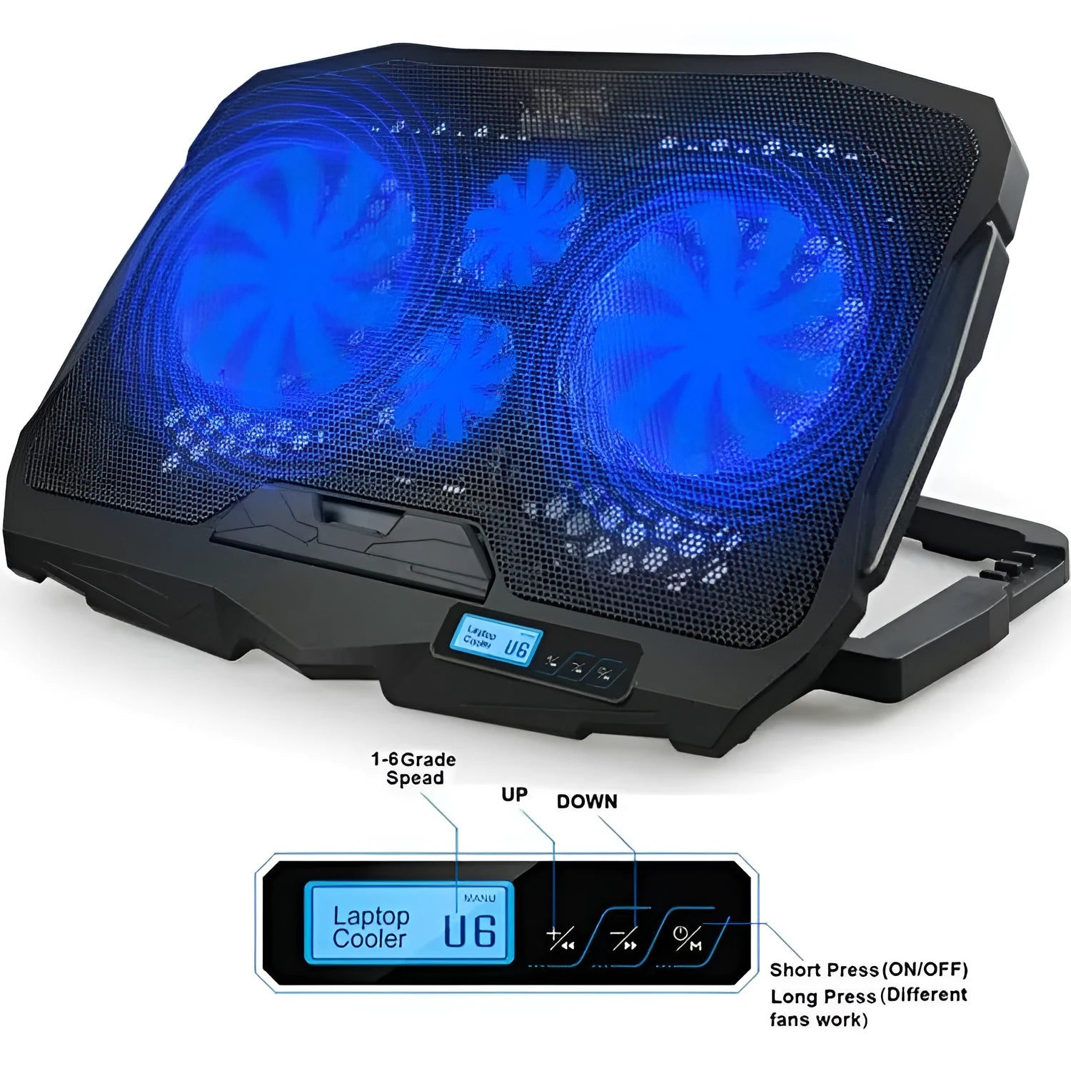 Black laptop cooling stand with copper heat sink plate, four heat pipes, and S18 variable speed fan