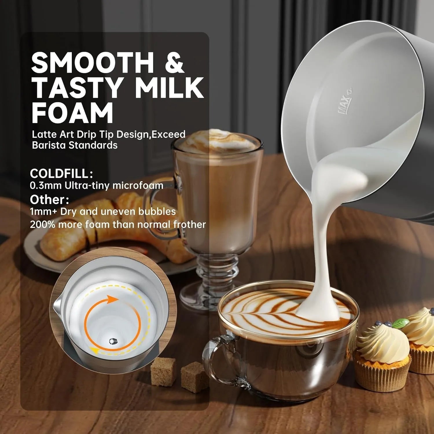 Automatic milk frother with stainless steel tank and hot cold foam modes on countertop